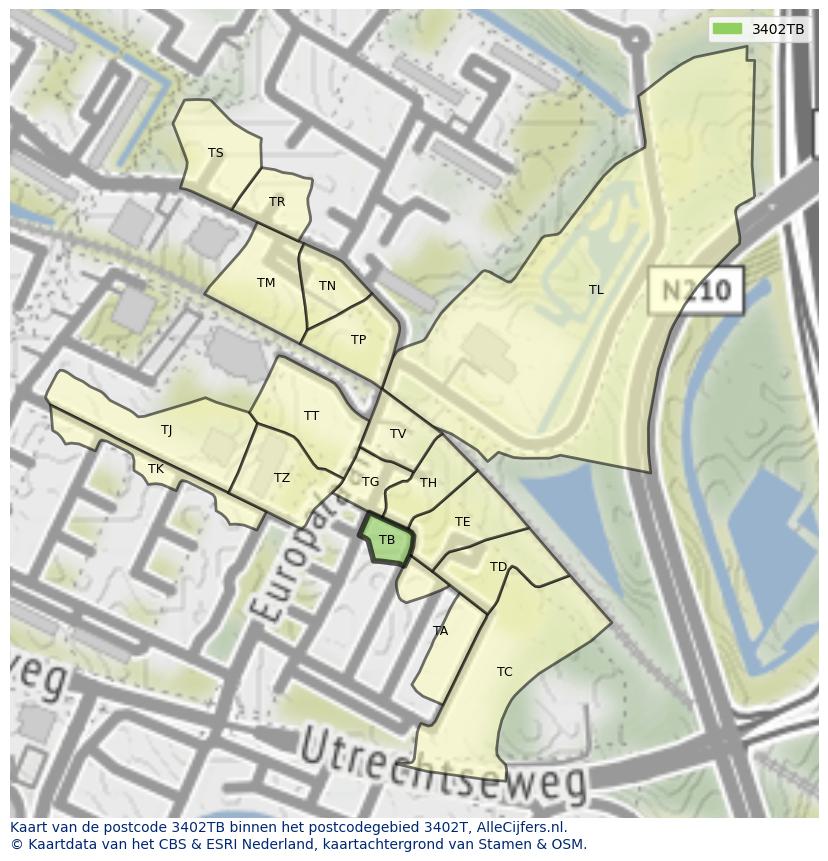 Afbeelding van het postcodegebied 3402 TB op de kaart.