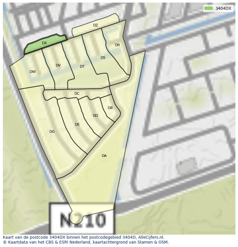 Afbeelding van het postcodegebied 3404 DX op de kaart.