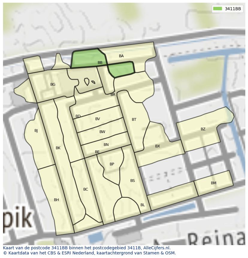 Afbeelding van het postcodegebied 3411 BB op de kaart.