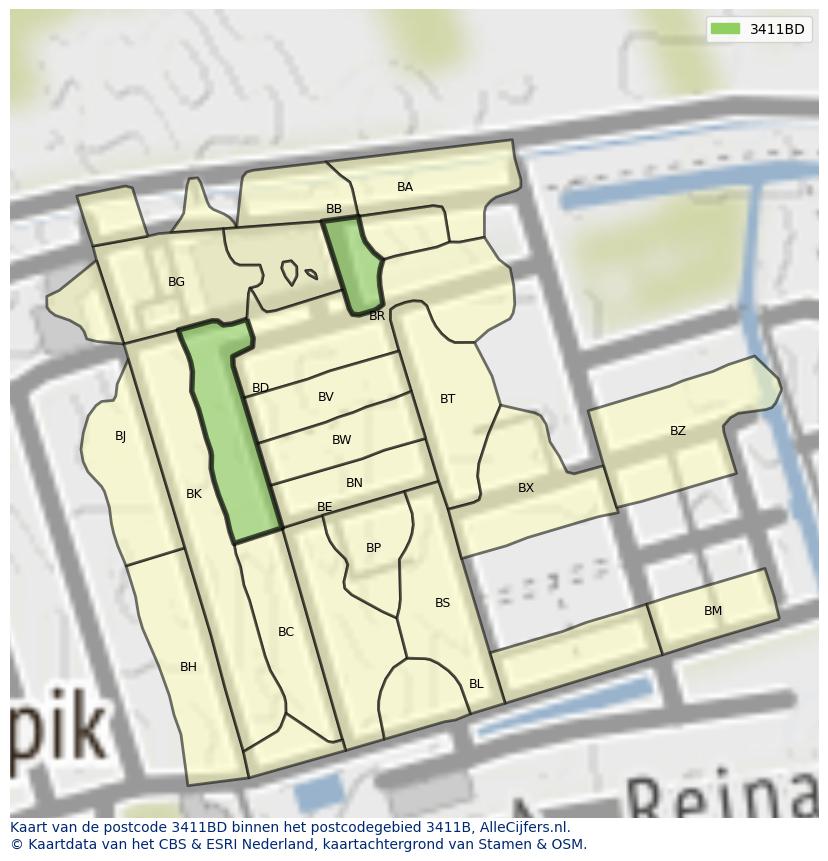 Afbeelding van het postcodegebied 3411 BD op de kaart.
