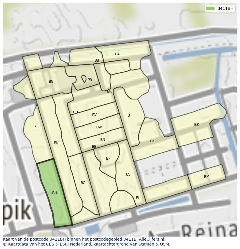 Afbeelding van het postcodegebied 3411 BH op de kaart.