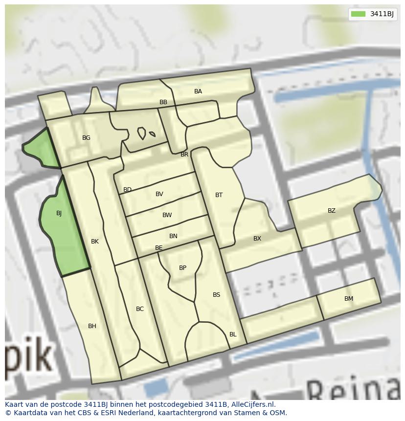 Afbeelding van het postcodegebied 3411 BJ op de kaart.