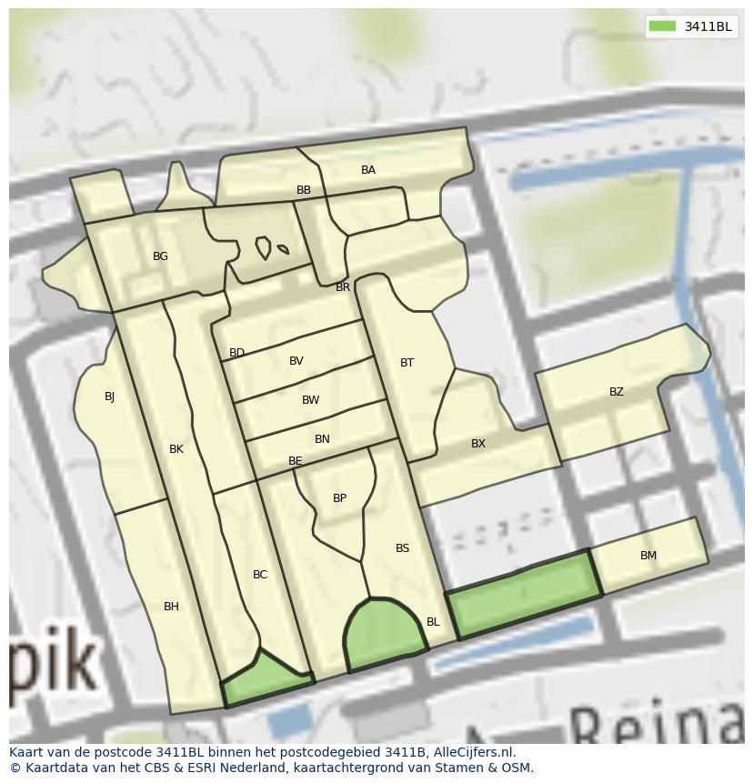 Afbeelding van het postcodegebied 3411 BL op de kaart.