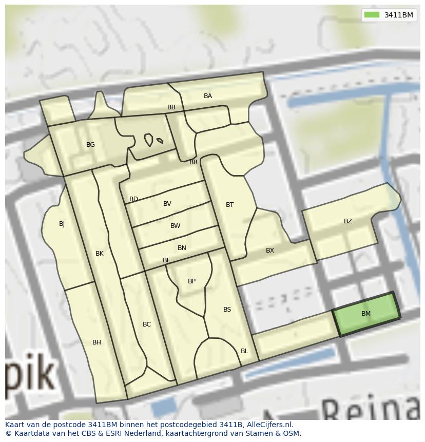 Afbeelding van het postcodegebied 3411 BM op de kaart.