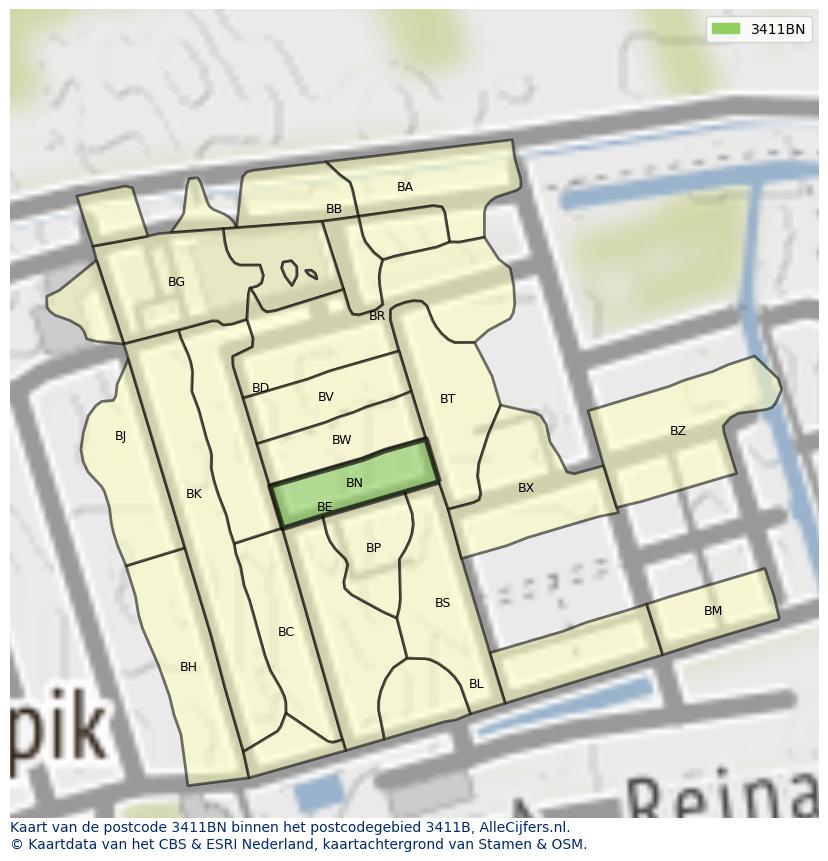 Afbeelding van het postcodegebied 3411 BN op de kaart.