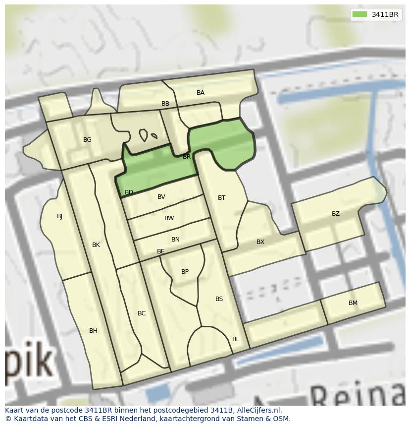 Afbeelding van het postcodegebied 3411 BR op de kaart.
