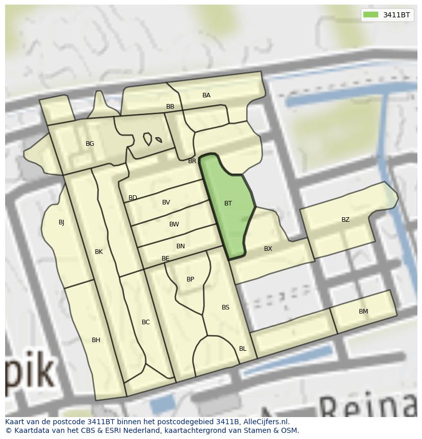 Afbeelding van het postcodegebied 3411 BT op de kaart.