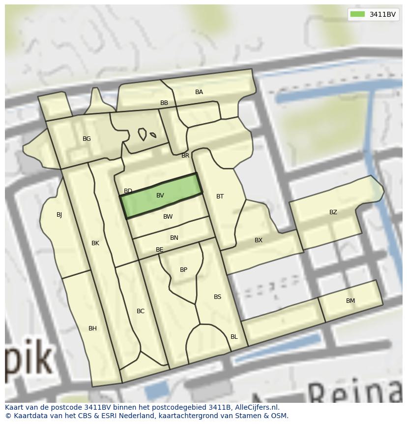 Afbeelding van het postcodegebied 3411 BV op de kaart.