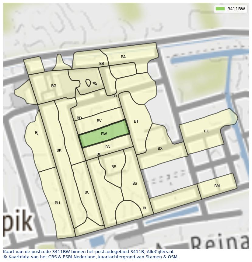 Afbeelding van het postcodegebied 3411 BW op de kaart.