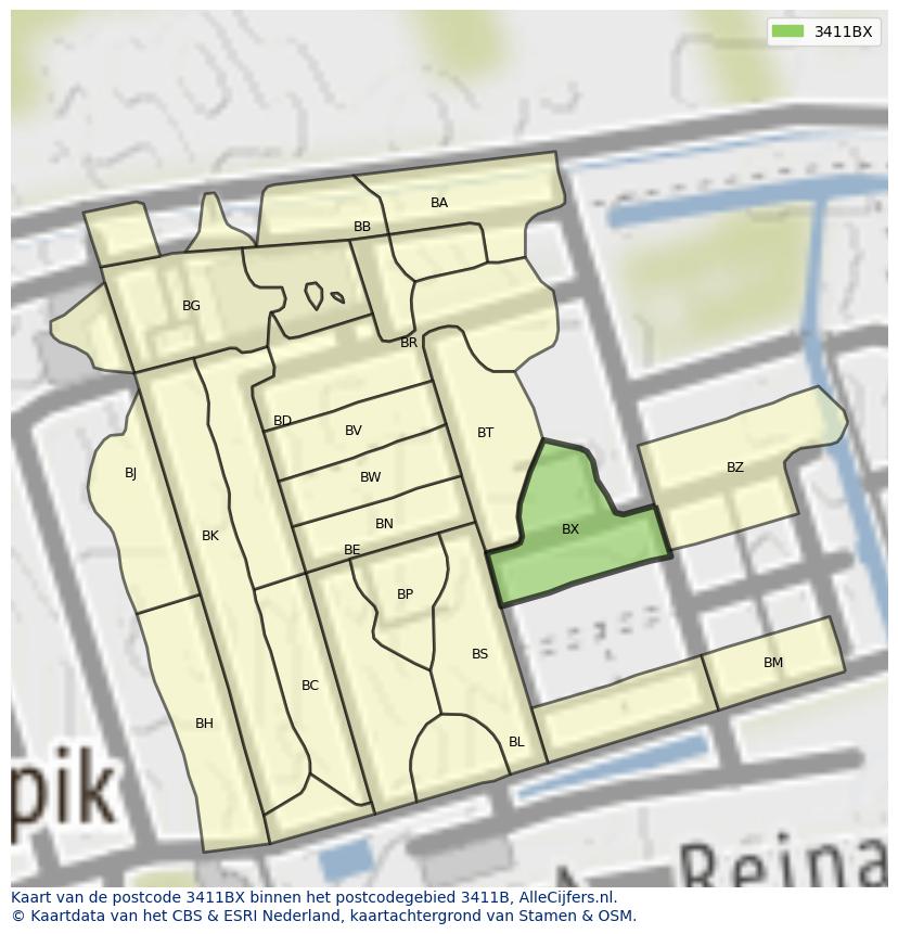 Afbeelding van het postcodegebied 3411 BX op de kaart.