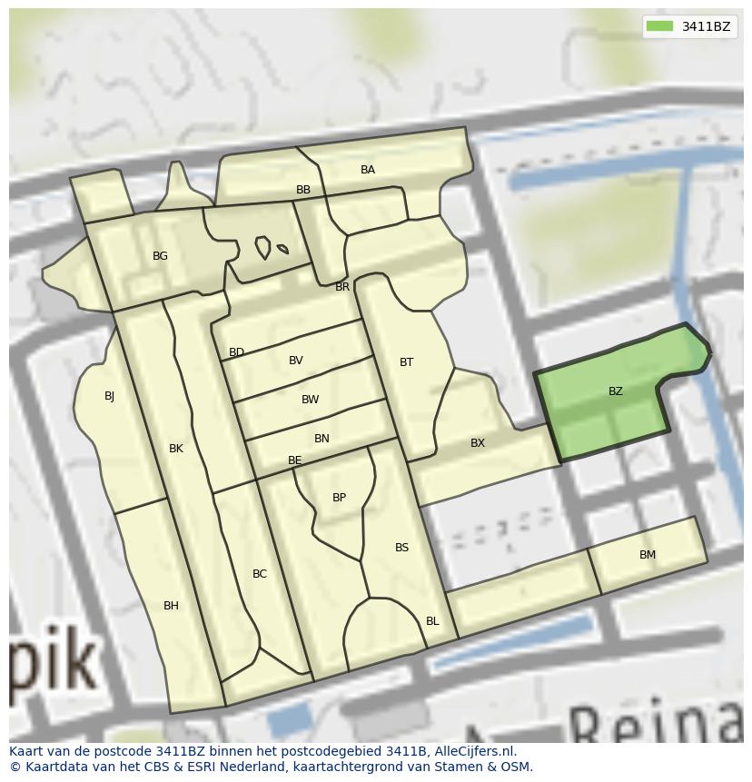 Afbeelding van het postcodegebied 3411 BZ op de kaart.