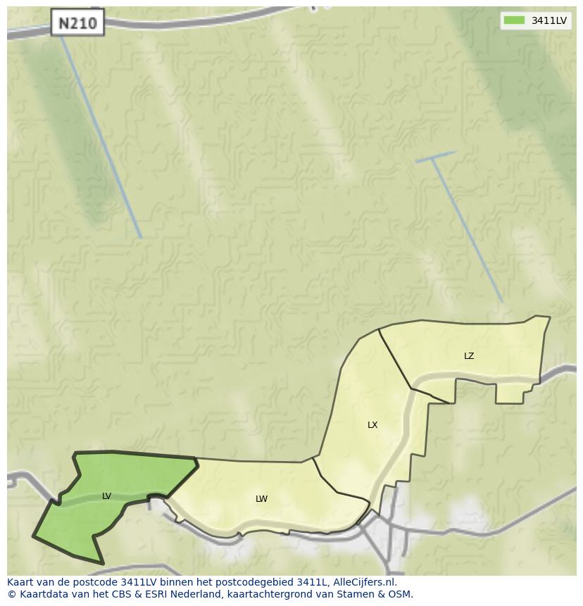 Afbeelding van het postcodegebied 3411 LV op de kaart.