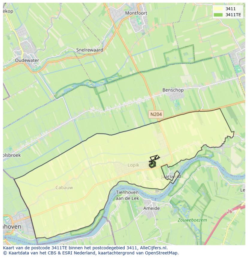 Afbeelding van het postcodegebied 3411 TE op de kaart.