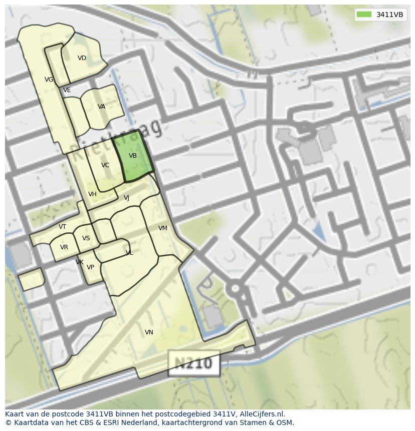 Afbeelding van het postcodegebied 3411 VB op de kaart.