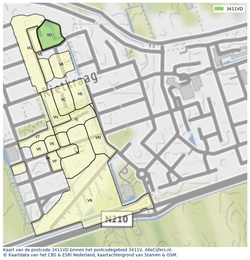 Afbeelding van het postcodegebied 3411 VD op de kaart.