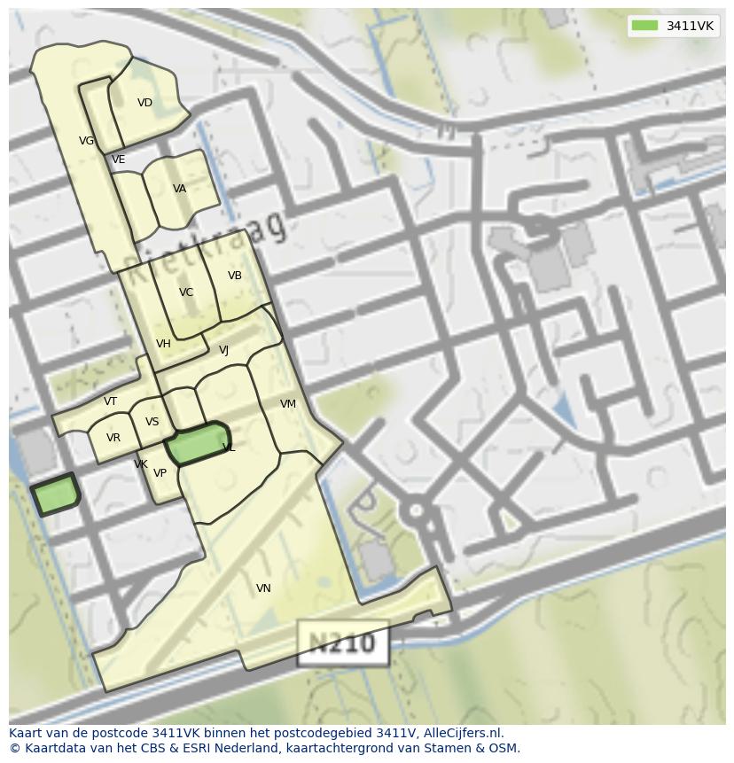 Afbeelding van het postcodegebied 3411 VK op de kaart.