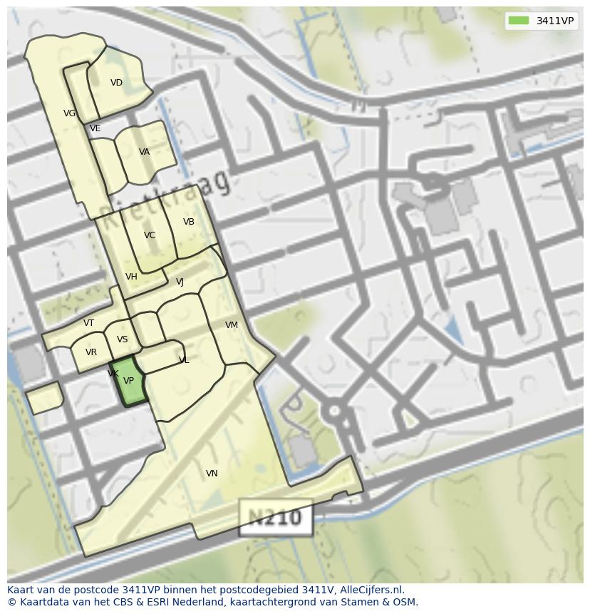 Afbeelding van het postcodegebied 3411 VP op de kaart.