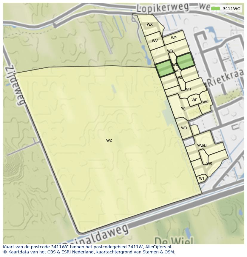 Afbeelding van het postcodegebied 3411 WC op de kaart.