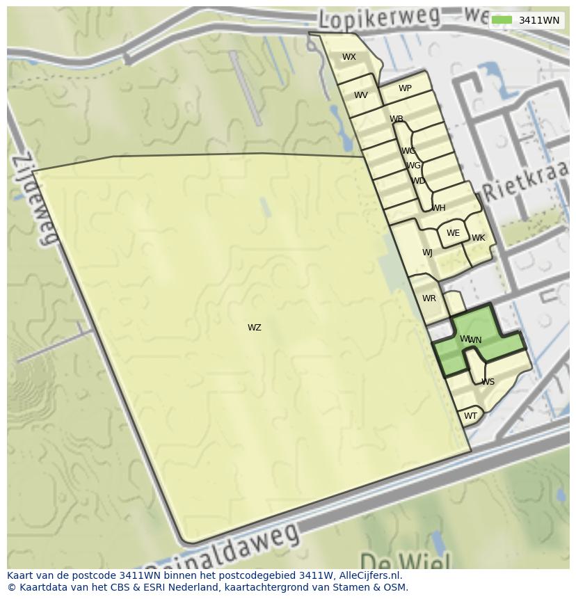 Afbeelding van het postcodegebied 3411 WN op de kaart.