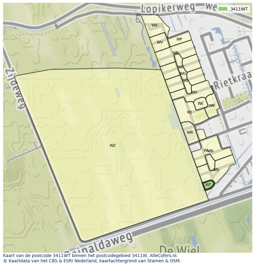Afbeelding van het postcodegebied 3411 WT op de kaart.