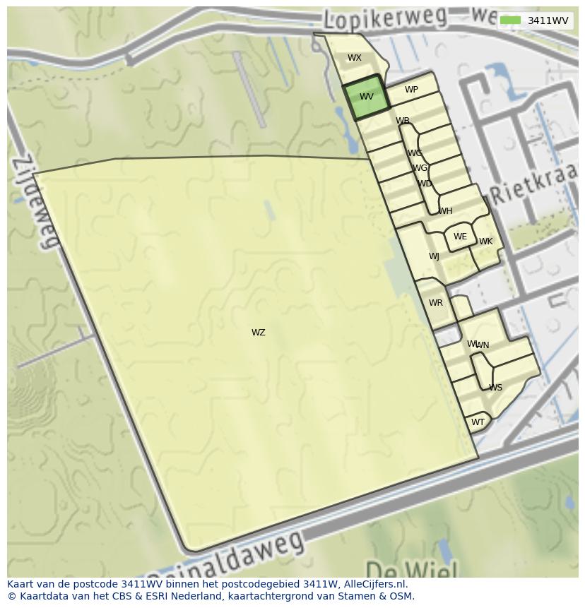 Afbeelding van het postcodegebied 3411 WV op de kaart.