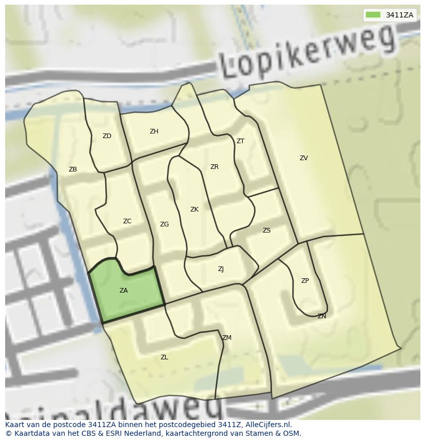 Afbeelding van het postcodegebied 3411 ZA op de kaart.
