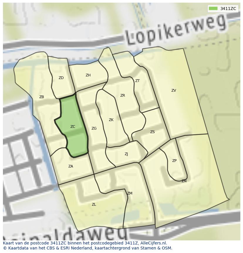 Afbeelding van het postcodegebied 3411 ZC op de kaart.