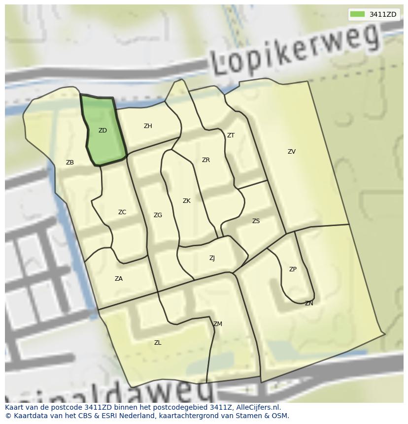 Afbeelding van het postcodegebied 3411 ZD op de kaart.