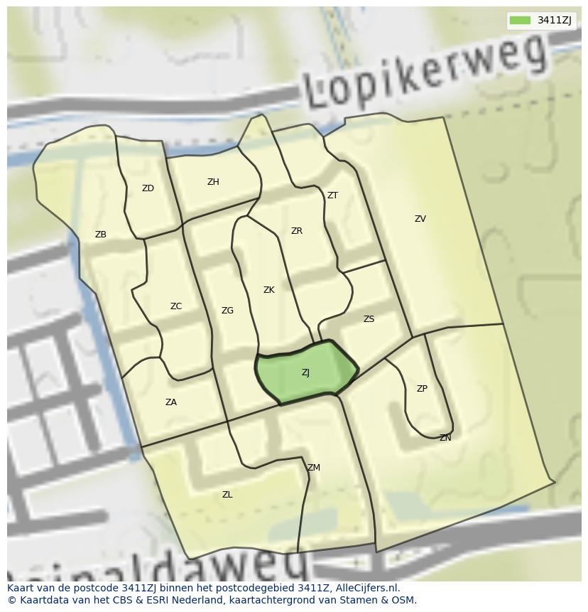 Afbeelding van het postcodegebied 3411 ZJ op de kaart.
