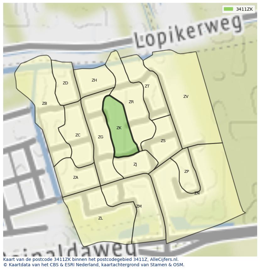 Afbeelding van het postcodegebied 3411 ZK op de kaart.