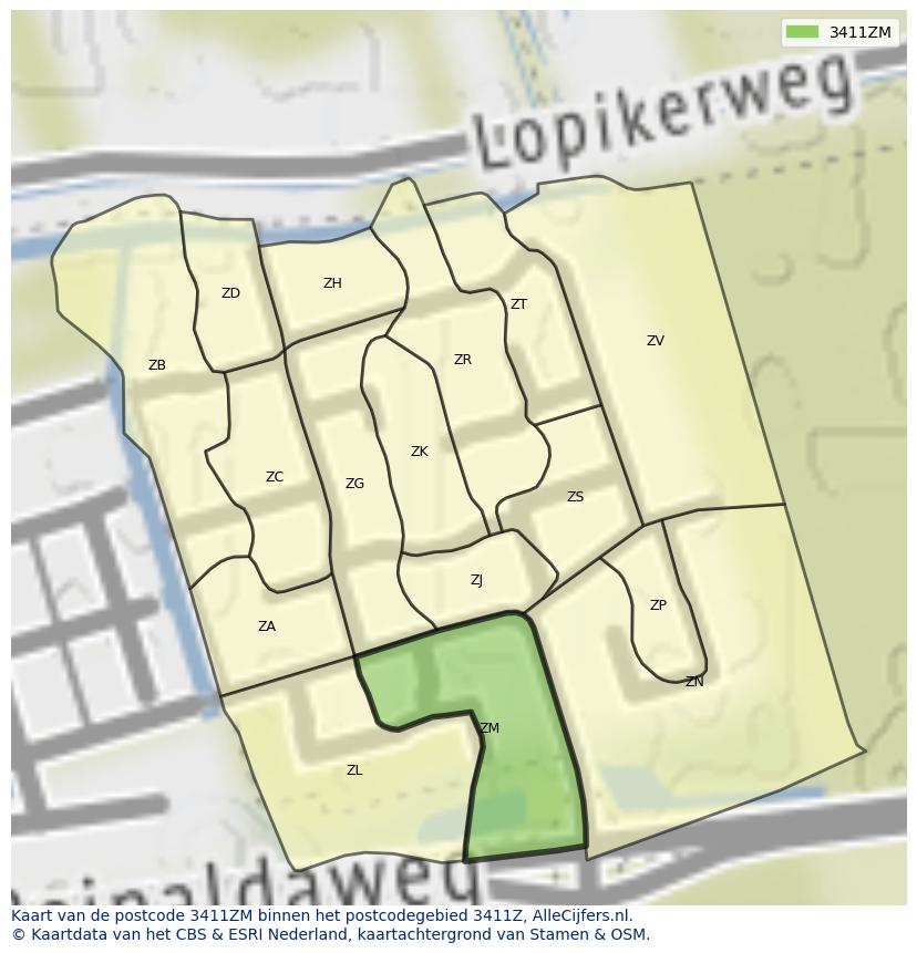 Afbeelding van het postcodegebied 3411 ZM op de kaart.