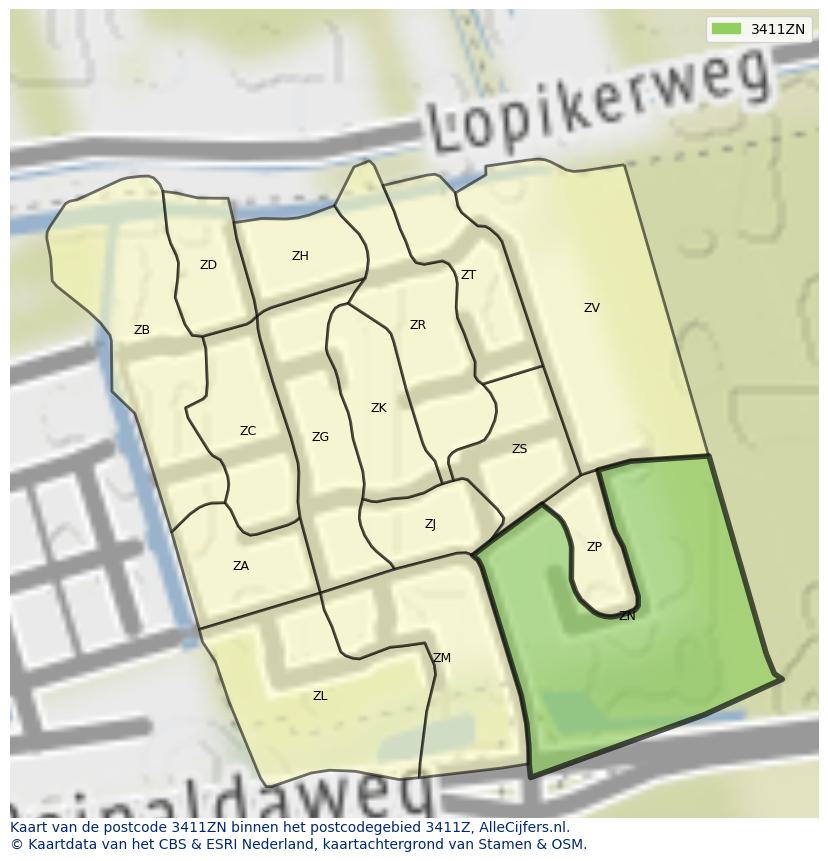 Afbeelding van het postcodegebied 3411 ZN op de kaart.
