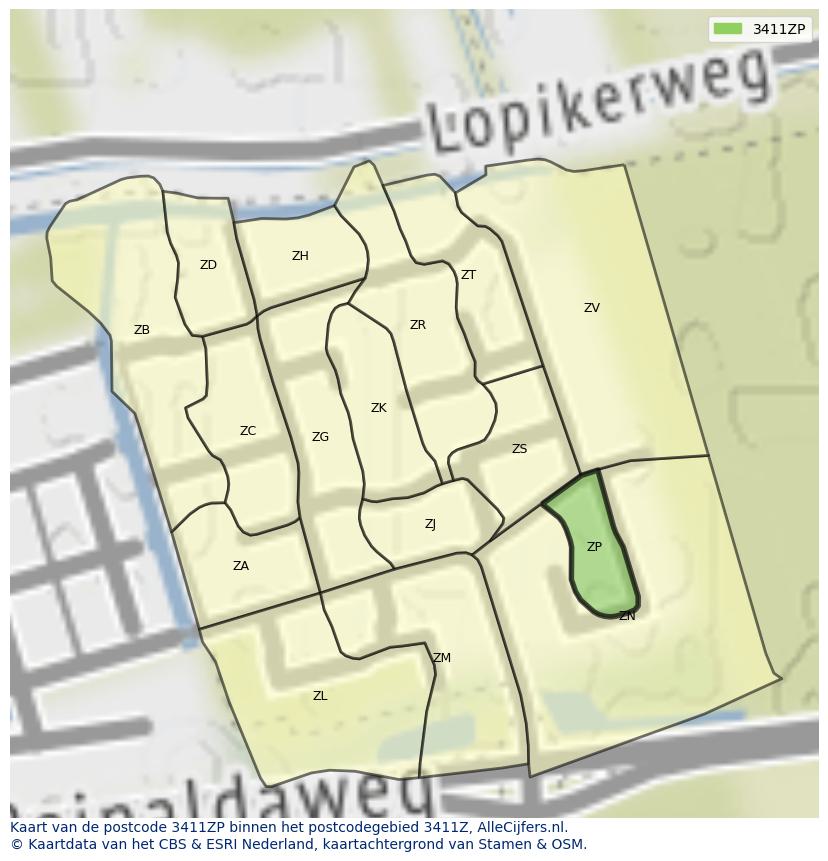 Afbeelding van het postcodegebied 3411 ZP op de kaart.