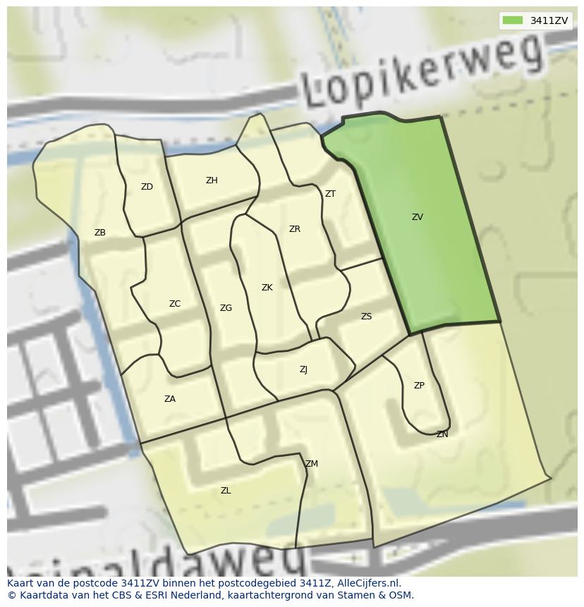 Afbeelding van het postcodegebied 3411 ZV op de kaart.