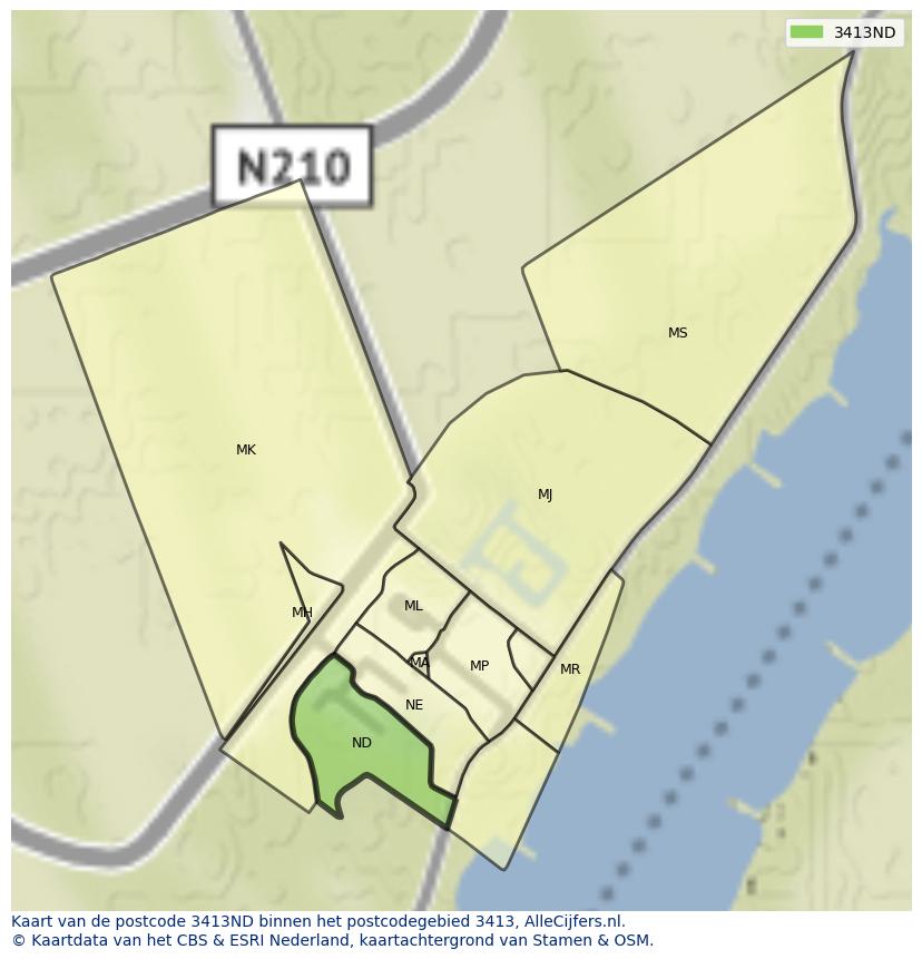 Afbeelding van het postcodegebied 3413 ND op de kaart.