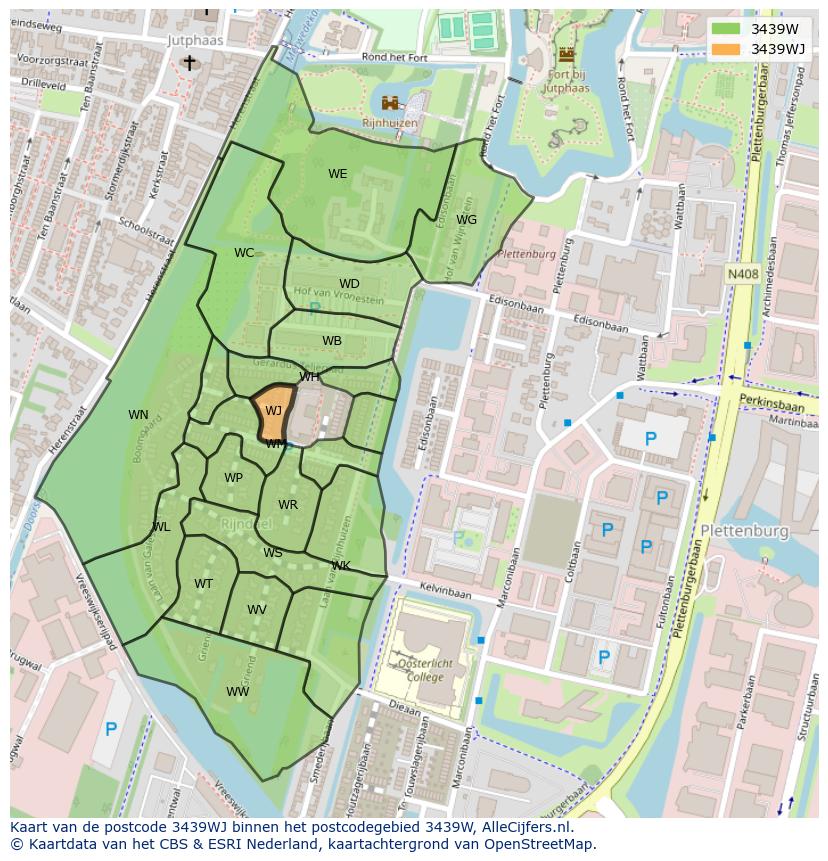 Afbeelding van het postcodegebied 3439 WJ op de kaart.