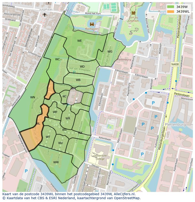 Afbeelding van het postcodegebied 3439 WL op de kaart.