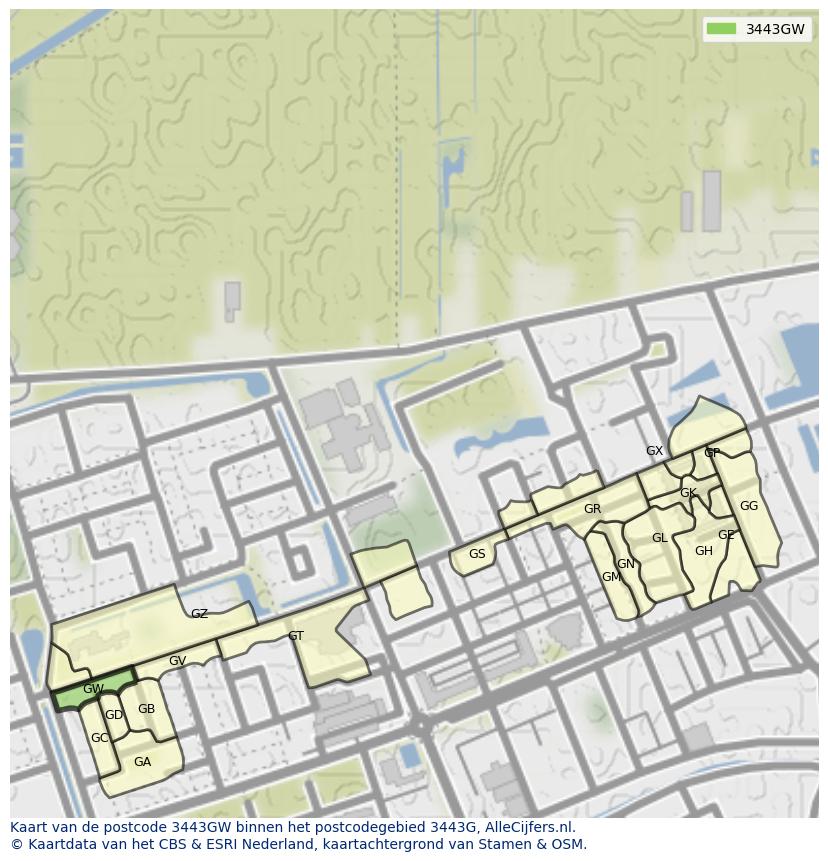 Afbeelding van het postcodegebied 3443 GW op de kaart.