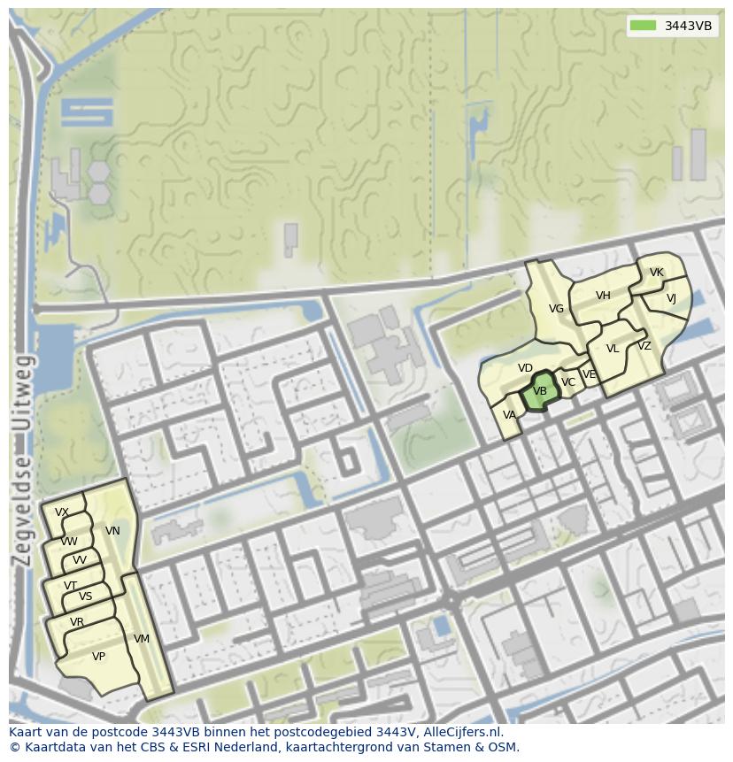Afbeelding van het postcodegebied 3443 VB op de kaart.