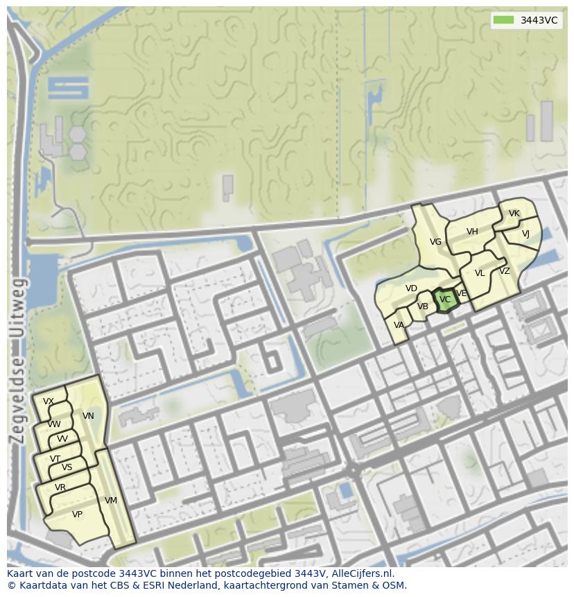 Afbeelding van het postcodegebied 3443 VC op de kaart.