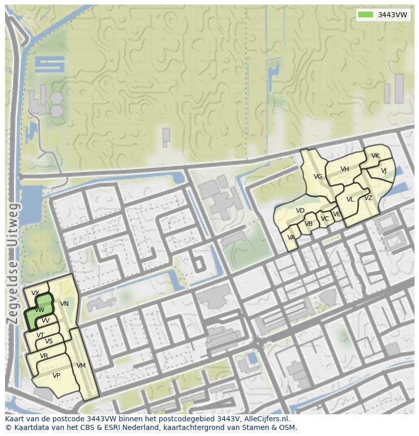 Afbeelding van het postcodegebied 3443 VW op de kaart.