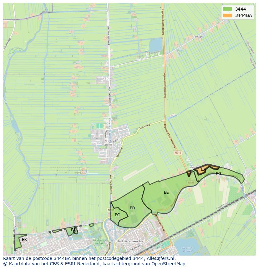 Afbeelding van het postcodegebied 3444 BA op de kaart.