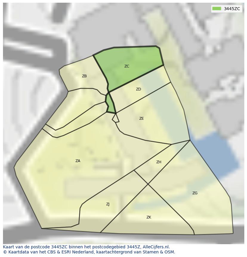 Afbeelding van het postcodegebied 3445 ZC op de kaart.