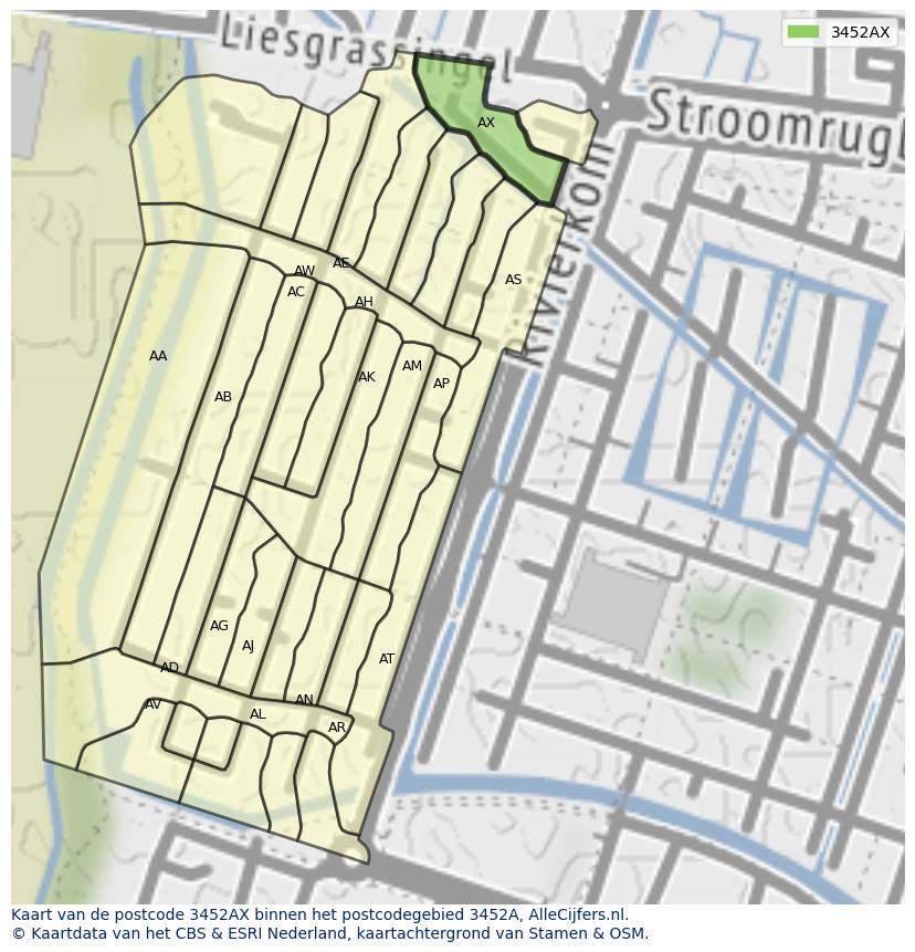 Afbeelding van het postcodegebied 3452 AX op de kaart.