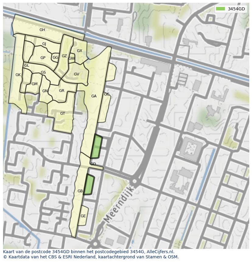 Afbeelding van het postcodegebied 3454 GD op de kaart.
