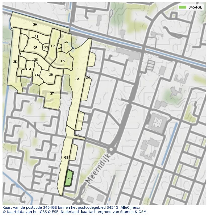 Afbeelding van het postcodegebied 3454 GE op de kaart.