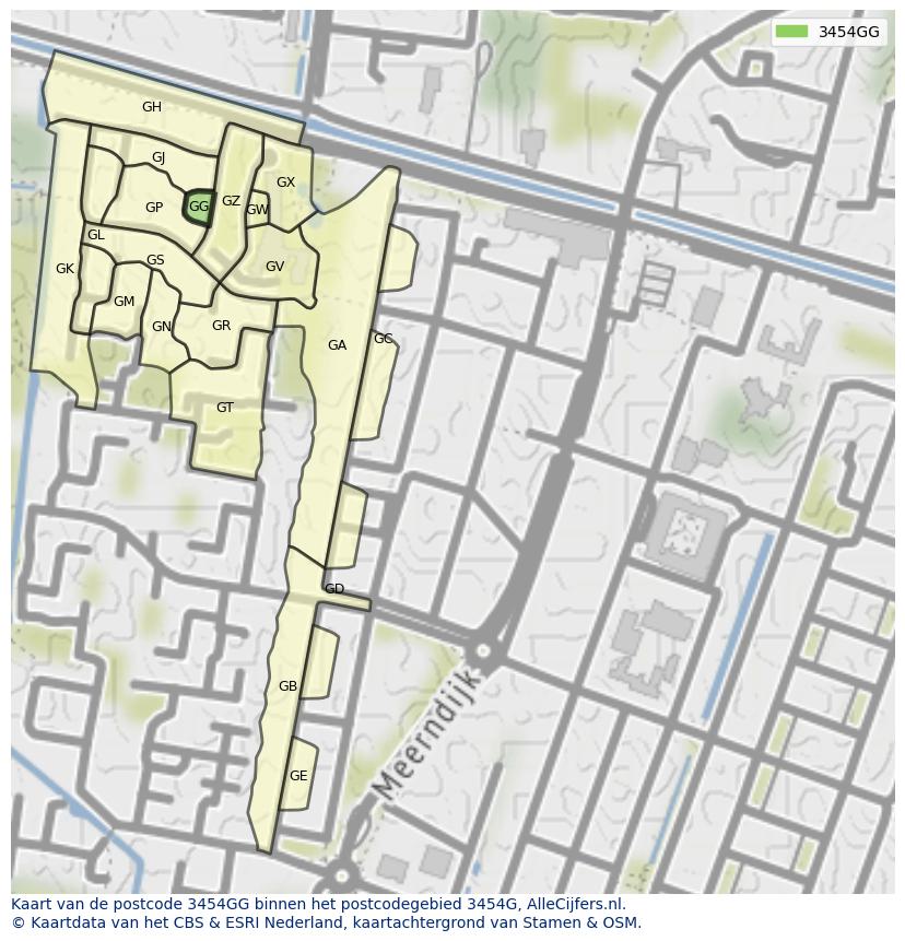 Afbeelding van het postcodegebied 3454 GG op de kaart.
