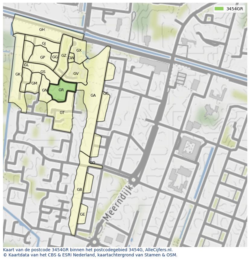 Afbeelding van het postcodegebied 3454 GR op de kaart.