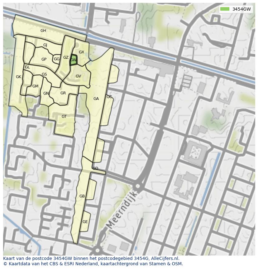 Afbeelding van het postcodegebied 3454 GW op de kaart.