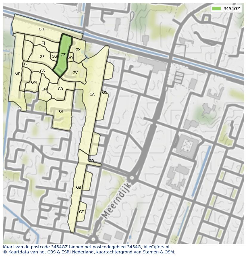 Afbeelding van het postcodegebied 3454 GZ op de kaart.